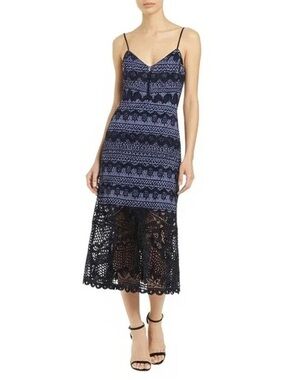 Adyson Parker Navy Blue and Black Lace-Trim Midi Dress